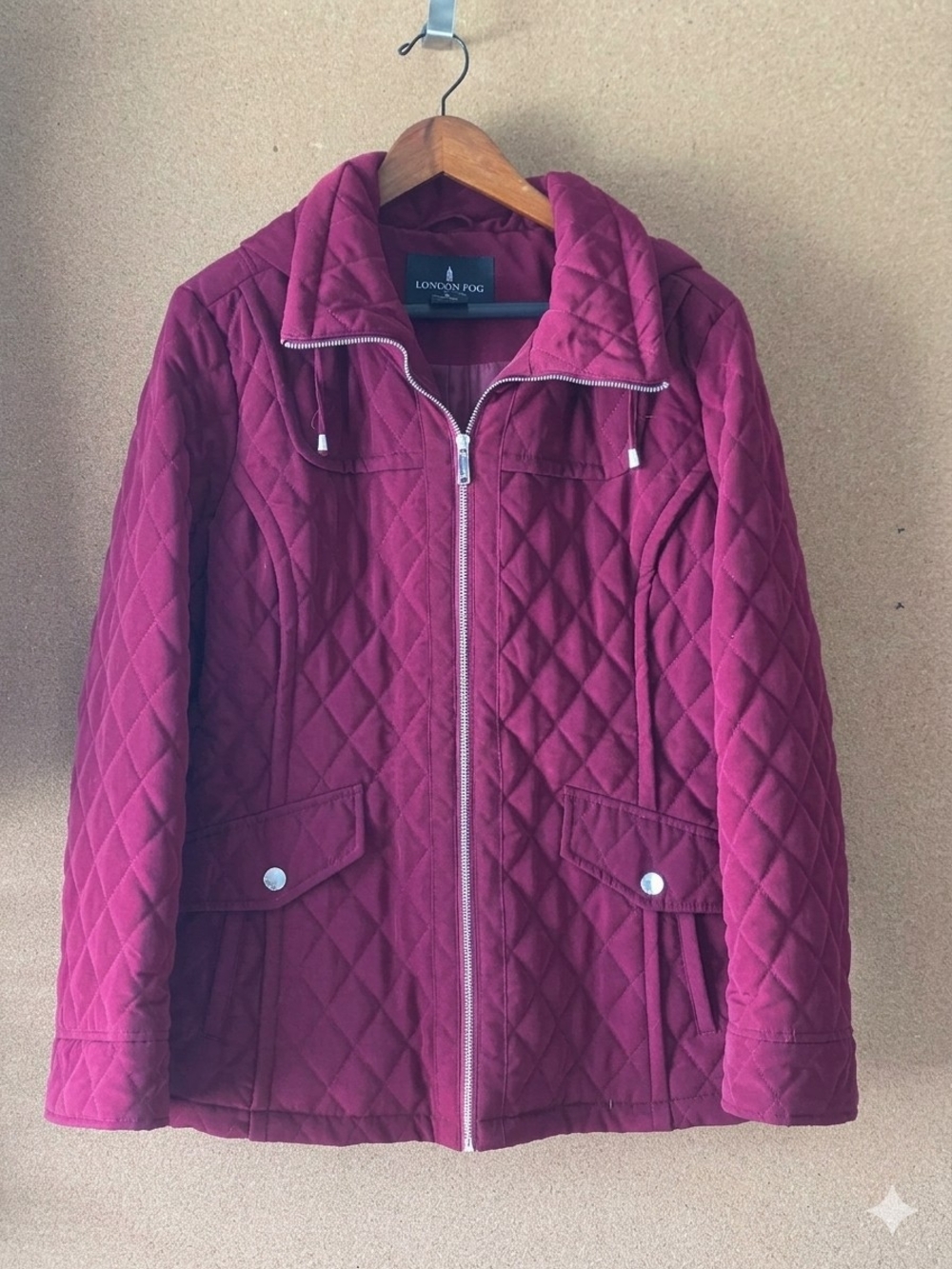 London Fog Blood Red Diamond Quilted Jacket Removable Hood Women's Size Large